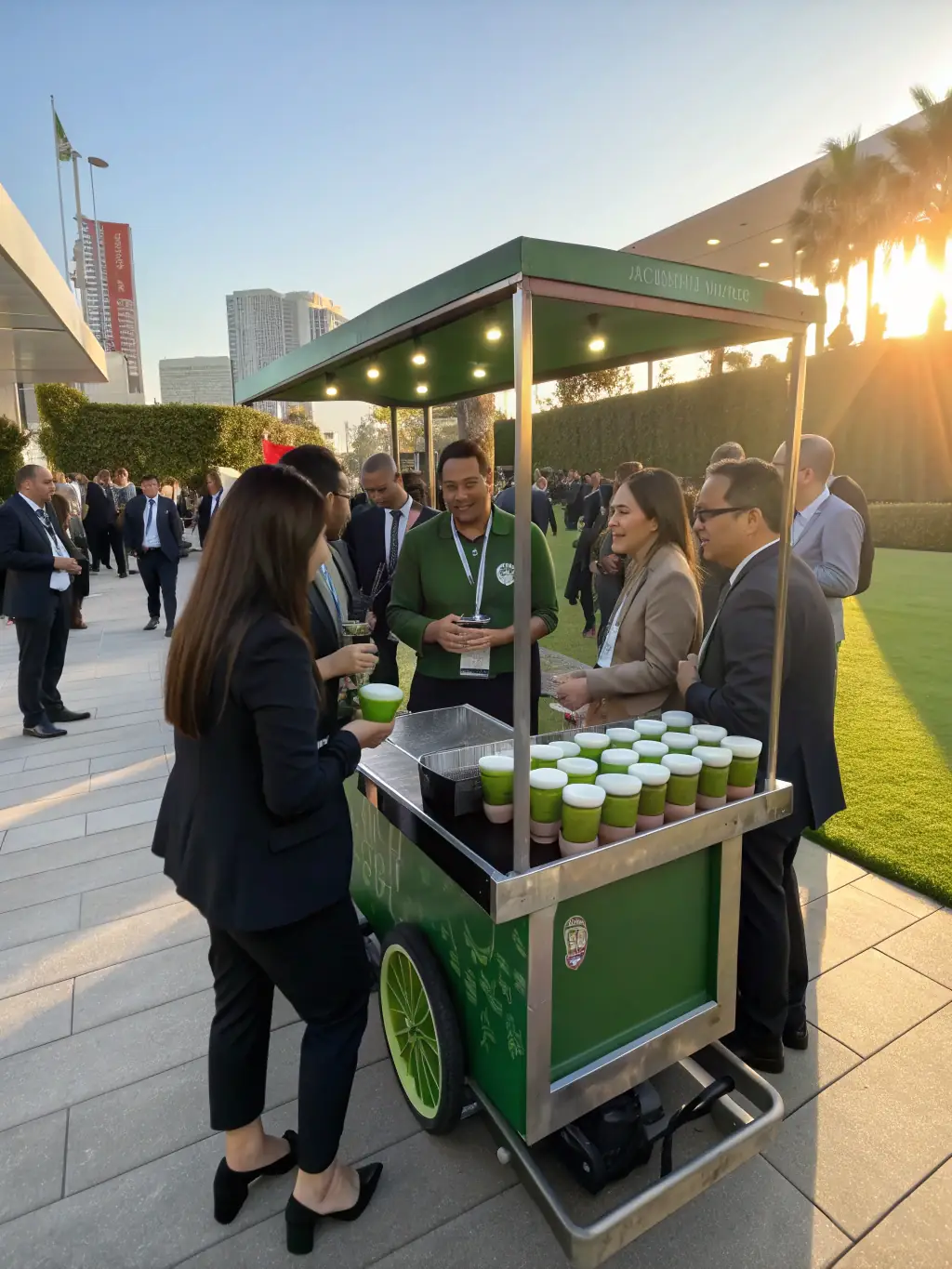 A wide shot of the MatchaJourney mobile cart at a corporate event, with attendees enjoying matcha drinks and engaging in conversation.