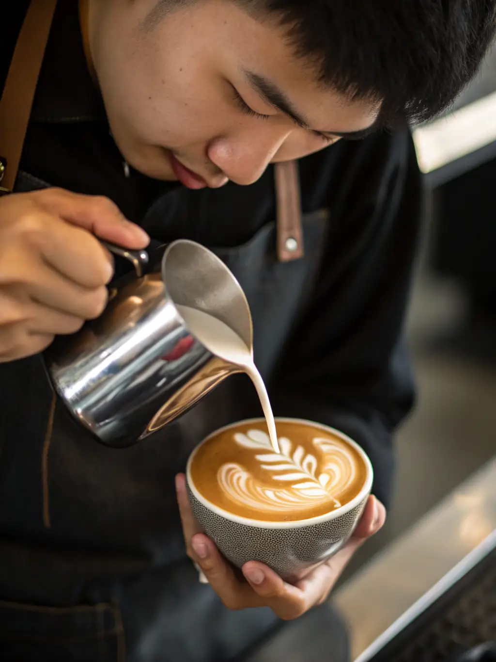 A close-up shot of a barista skillfully preparing a matcha latte at the mobile cart, showcasing the vibrant green color and frothy texture.