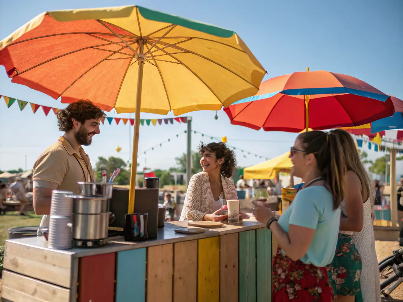 A vibrant outdoor festival with people enjoying matcha drinks from the MatchaJourney cart.