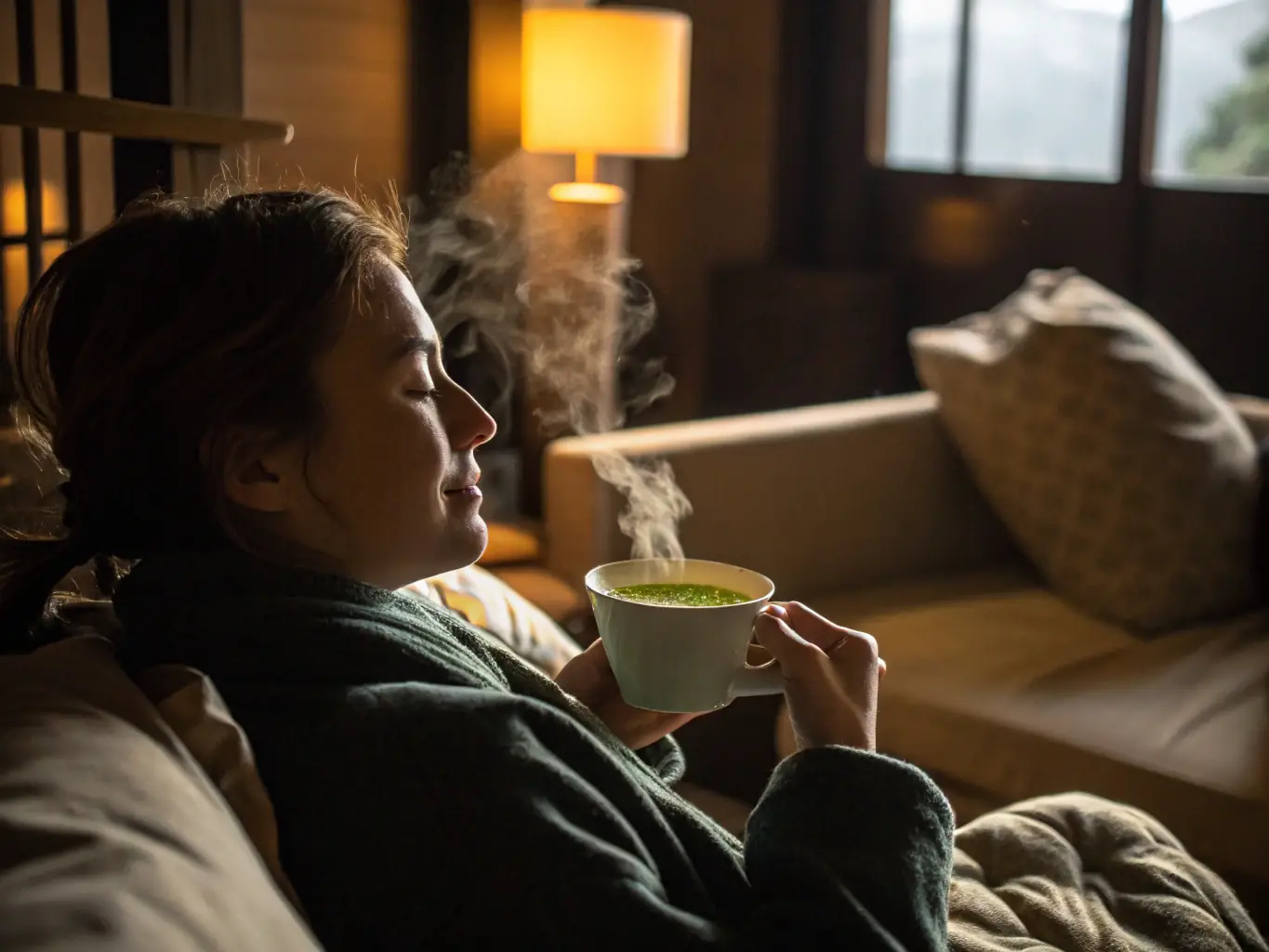 A person smiling while holding a cup of matcha tea in a serene outdoor setting, emphasizing the calming and energizing effects of matcha.