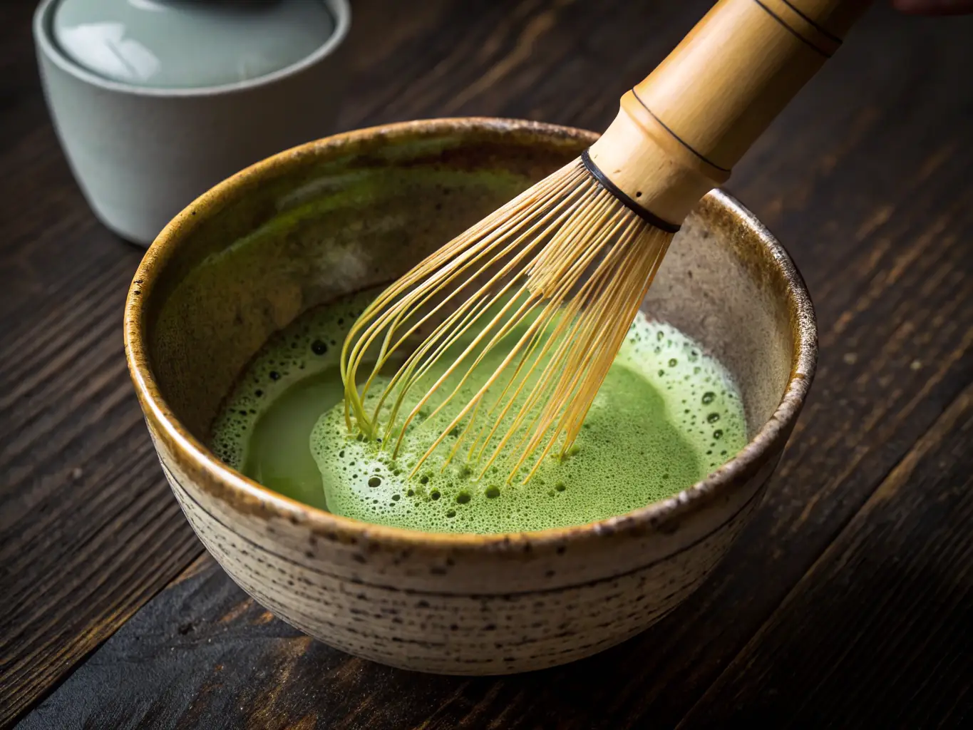A close-up shot of a vibrant green matcha latte being poured into a clear glass, showcasing its creamy texture and rich color, with a bamboo whisk and matcha powder in the background.